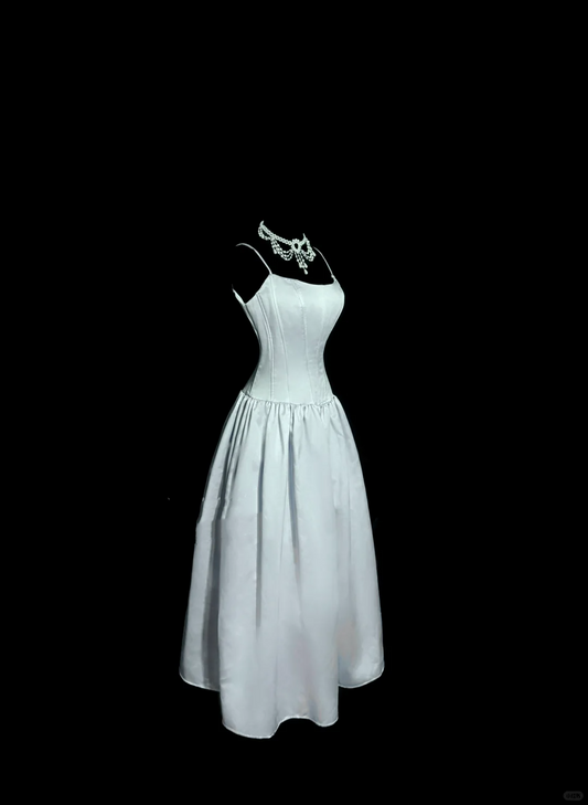 Vestido de fiesta vintage de satén azul cielo con tirantes finos, corte A, para verano, para 22 cumpleaños y 18 cumpleaños, W831