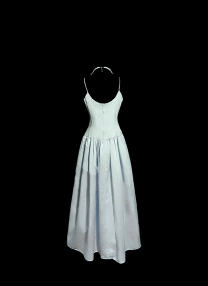 Vestido de fiesta vintage de satén azul cielo con tirantes finos, corte A, para verano, para 22 cumpleaños y 18 cumpleaños, W831