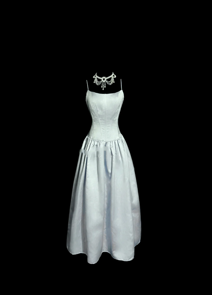 Vestido de fiesta vintage de satén azul cielo con tirantes finos, corte A, para verano, para 22 cumpleaños y 18 cumpleaños, W831