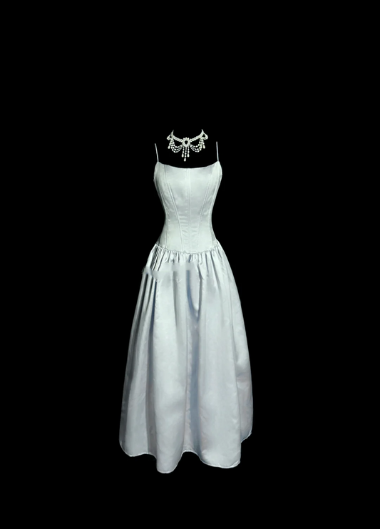 Vestido de fiesta vintage de satén azul cielo con tirantes finos, corte A, para verano, para 22 cumpleaños y 18 cumpleaños, W831