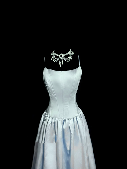 Vestido de fiesta vintage de satén azul cielo con tirantes finos, corte A, para verano, para 22 cumpleaños y 18 cumpleaños, W831