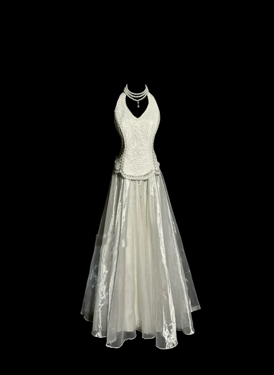 Vestido de novia vintage de los años 60, vestido de fiesta, cuello halter, blanco, sin mangas, encaje, vestidos de novia largos, elegantes vestidos de novia W840