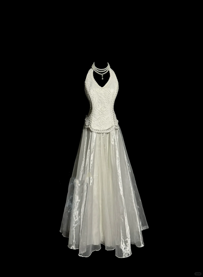 Vestido de novia vintage de los años 60, vestido de fiesta, cuello halter, blanco, sin mangas, encaje, vestidos de novia largos, elegantes vestidos de novia W840