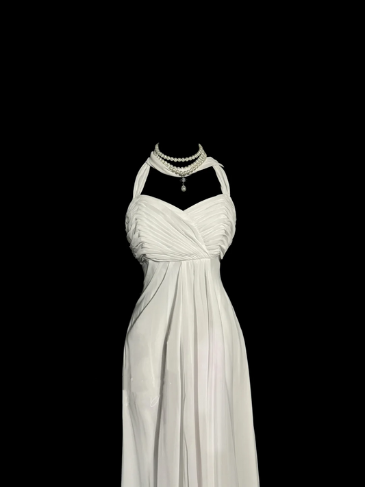 Vestido de novia vintage, corte halter, de gasa, blanco, largo, sencillo, W856
