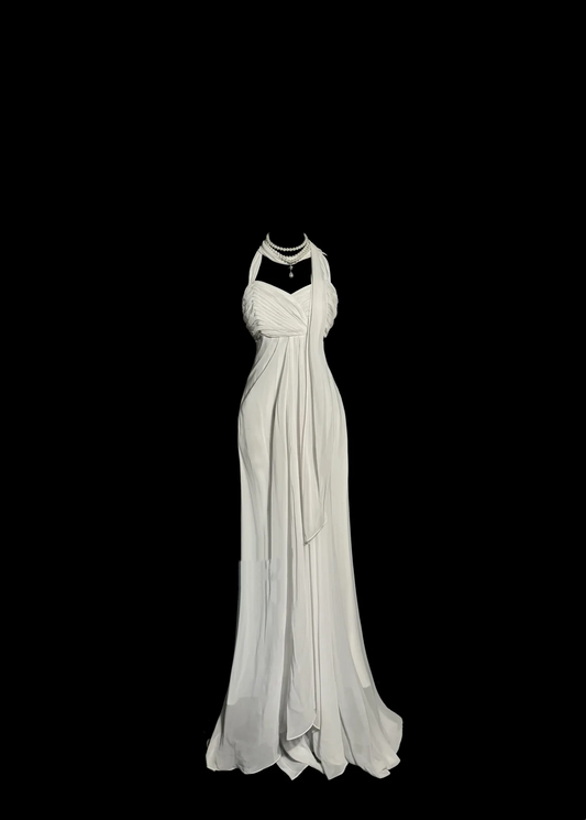 Vestido de novia vintage, corte halter, de gasa, blanco, largo, sencillo, W856