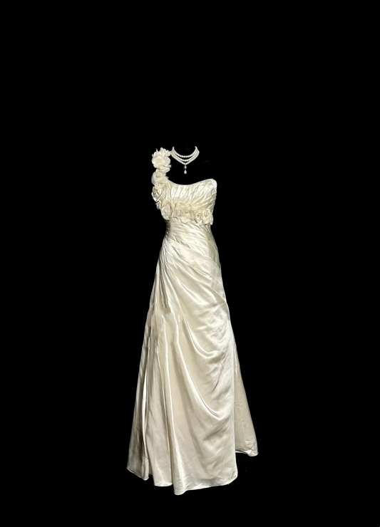 Vestido de novia vintage de corte A, un hombro, color marfil, satén, largo, sencillo, W876
