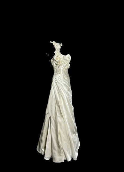 Vestido de novia vintage de corte A, un hombro, color marfil, satén, largo, sencillo, W876