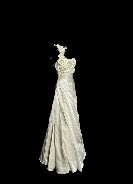 Vestido de novia vintage de corte A, un hombro, color marfil, satén, largo, sencillo, W876