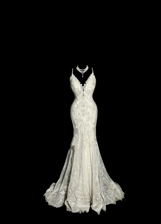 Vestido de novia vintage de sirena con tirantes finos y encaje, largo, estilo retro, W877