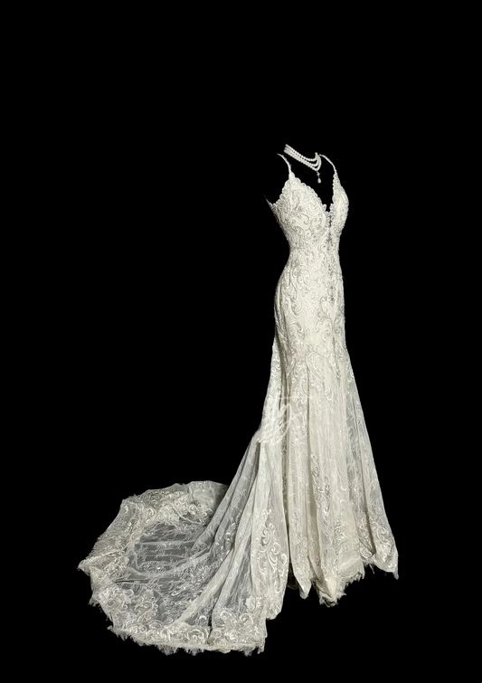 Vestido de novia vintage de sirena con tirantes finos y encaje, largo, estilo retro, W877