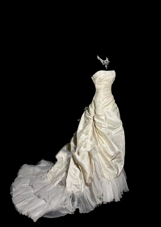 Vestido de novia vintage, vestido de fiesta sin tirantes, color marfil, de tafetán, largo, estilo retro, modesto, W879