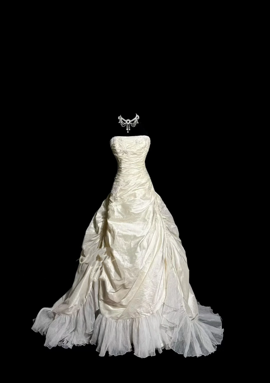 Vestido de novia vintage, vestido de fiesta sin tirantes, color marfil, de tafetán, largo, estilo retro, modesto, W879