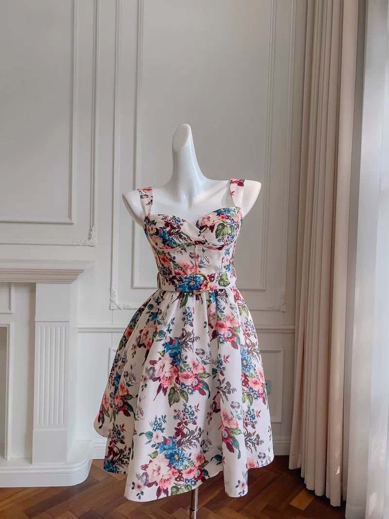 Bonito vestido de verano de satén con tirantes finos y estampado floral para adolescentes, ideal para cumpleaños número 16, minivestido de cóctel para mujer (W880)