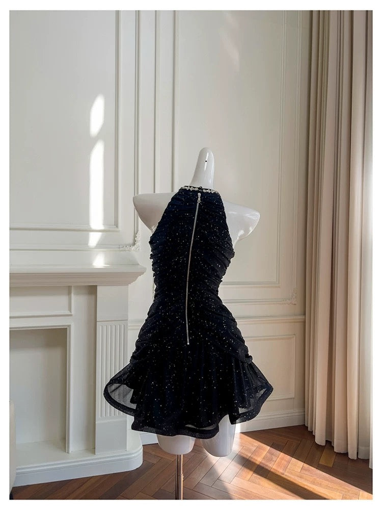 Bonito vestido negro de verano para adolescentes, con cuello alto, para 16 cumpleaños, minivestido de cóctel para 18 cumpleaños, W882