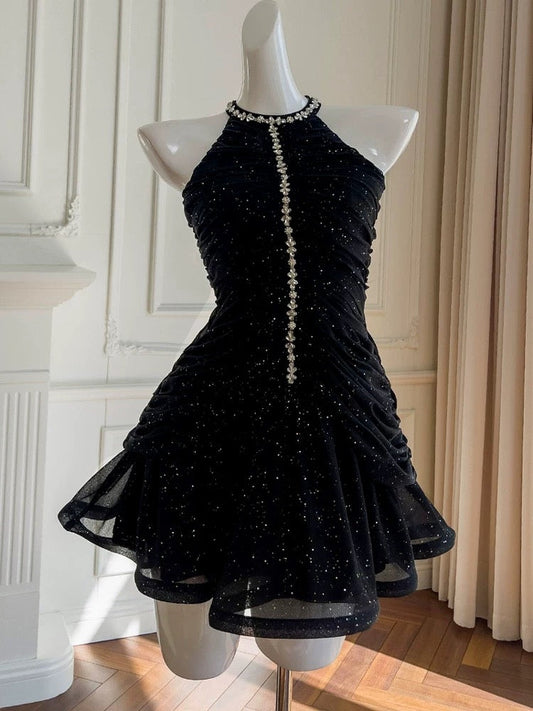 Bonito vestido negro de verano para adolescentes, con cuello alto, para 16 cumpleaños, minivestido de cóctel para 18 cumpleaños, W882