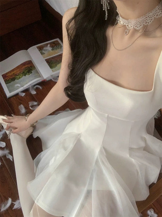 Bonito vestido blanco de verano para adolescentes, corte A, cuadrado, para 16 cumpleaños, minivestido de cóctel para 18 cumpleaños, W884