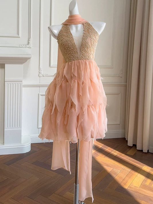 Bonito vestido de verano de gasa rosa ruborizado con cuello halter y corte A para adolescentes, vestido Hoco, minivestido para cumpleaños número 18, vestidos de cóctel para mujeres W889