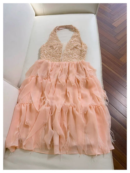 Bonito vestido de verano de gasa rosa ruborizado con cuello halter y corte A para adolescentes, vestido Hoco, minivestido para cumpleaños número 18, vestidos de cóctel para mujeres W889
