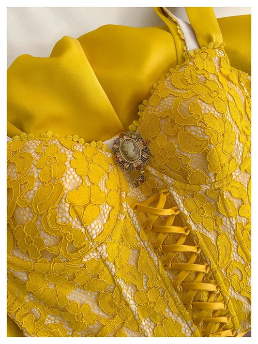 Bonitos vestidos de verano para adolescentes, con tirantes en forma de A y encaje amarillo, para 16 cumpleaños, minivestidos de cóctel para 18 cumpleaños, W891