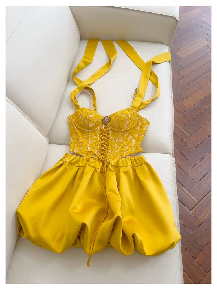 Bonitos vestidos de verano para adolescentes, con tirantes en forma de A y encaje amarillo, para 16 cumpleaños, minivestidos de cóctel para 18 cumpleaños, W891