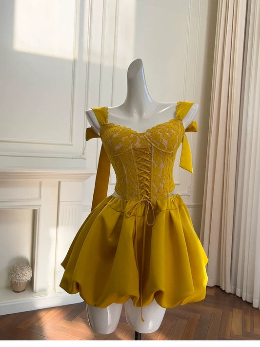 Bonitos vestidos de verano para adolescentes, con tirantes en forma de A y encaje amarillo, para 16 cumpleaños, minivestidos de cóctel para 18 cumpleaños, W891