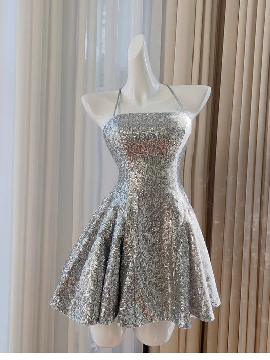 Bonito vestido de verano con cuello halter y lentejuelas plateadas para adolescentes, ideal para cumpleaños número 16, minivestido de cóctel para cumpleaños número 18, W899