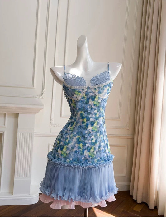 Bonito vestido de verano con tirantes finos, corte A, floral, para adolescentes, para cumpleaños número 16, minivestido para cumpleaños número 18, vestidos de cóctel para mujer W901