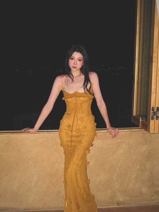 Elegant Mermaid Spaghetti Straps Sleeveless Long Evening Party Gowns Evening Formal Dresses Yellow Prom Dress W904