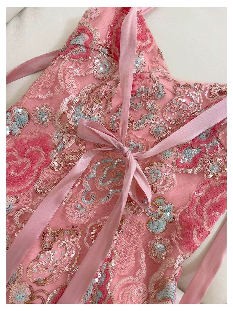 Bonito vestido de verano con tirantes finos y lentejuelas rosas para adolescentes, vestido de fiesta para 16 cumpleaños, minivestido para 18 cumpleaños, vestidos de cóctel para mujer W907