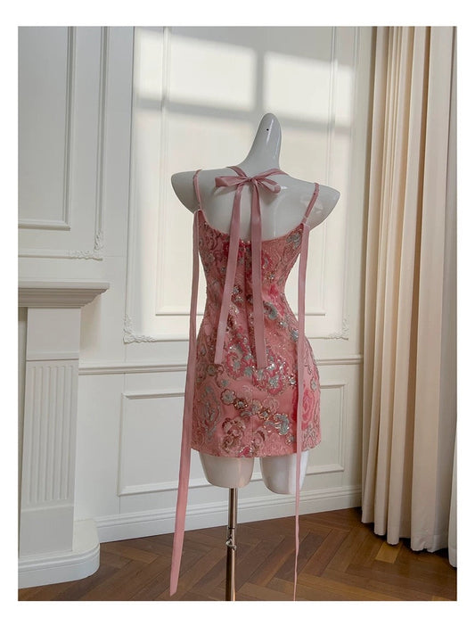 Bonito vestido de verano con tirantes finos y lentejuelas rosas para adolescentes, vestido de fiesta para 16 cumpleaños, minivestido para 18 cumpleaños, vestidos de cóctel para mujer W907