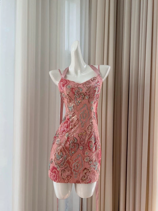 Bonito vestido de verano con tirantes finos y lentejuelas rosas para adolescentes, vestido de fiesta para 16 cumpleaños, minivestido para 18 cumpleaños, vestidos de cóctel para mujer W907