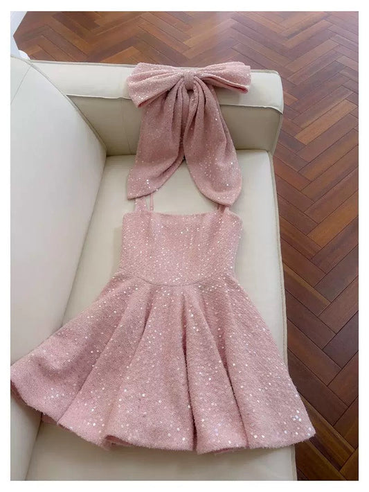 Vestido de fiesta con escote cuadrado y lentejuelas rosas para adolescentes, vestido de verano para 16 cumpleaños, minivestido para 18 cumpleaños, vestidos de cóctel para mujer W908