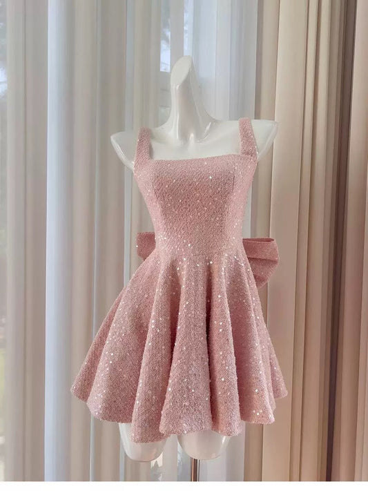 Vestido de fiesta con escote cuadrado y lentejuelas rosas para adolescentes, vestido de verano para 16 cumpleaños, minivestido para 18 cumpleaños, vestidos de cóctel para mujer W908