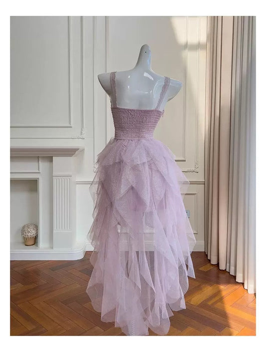 Hermosos vestidos de verano de tul lila sin mangas con escote corazón, de corte alto y bajo, para adolescentes, para cumpleaños número 16, vestido Hoco, atuendo para cumpleaños número 18, vestidos de cóctel para mujeres W911