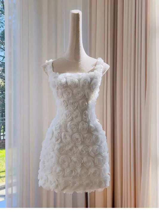 Vestido corto de verano con escote cuadrado y estampado floral blanco para adolescentes, ideal para cumpleaños número 16, ideal para cócteles, W913
