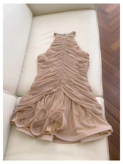 Bonito vestido de verano para adolescentes, con cuello alto y corte entallado, color champán, para 16 cumpleaños, minivestido para 18 cumpleaños, vestidos de cóctel para mujer W914