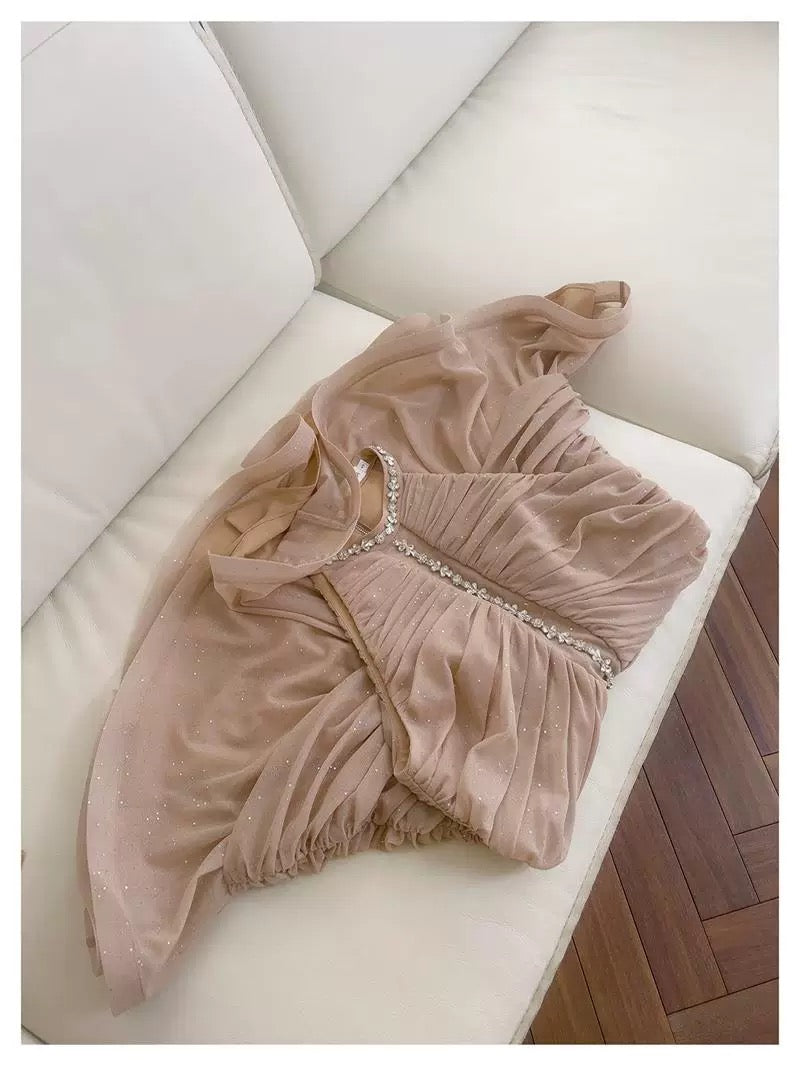 Bonito vestido de verano para adolescentes, con cuello alto y corte entallado, color champán, para 16 cumpleaños, minivestido para 18 cumpleaños, vestidos de cóctel para mujer W914