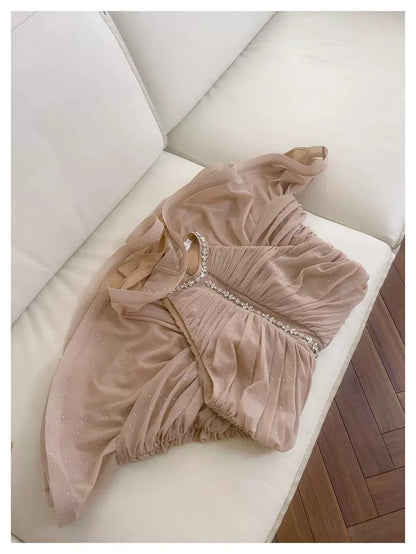 Bonito vestido de verano para adolescentes, con cuello alto y corte entallado, color champán, para 16 cumpleaños, minivestido para 18 cumpleaños, vestidos de cóctel para mujer W914