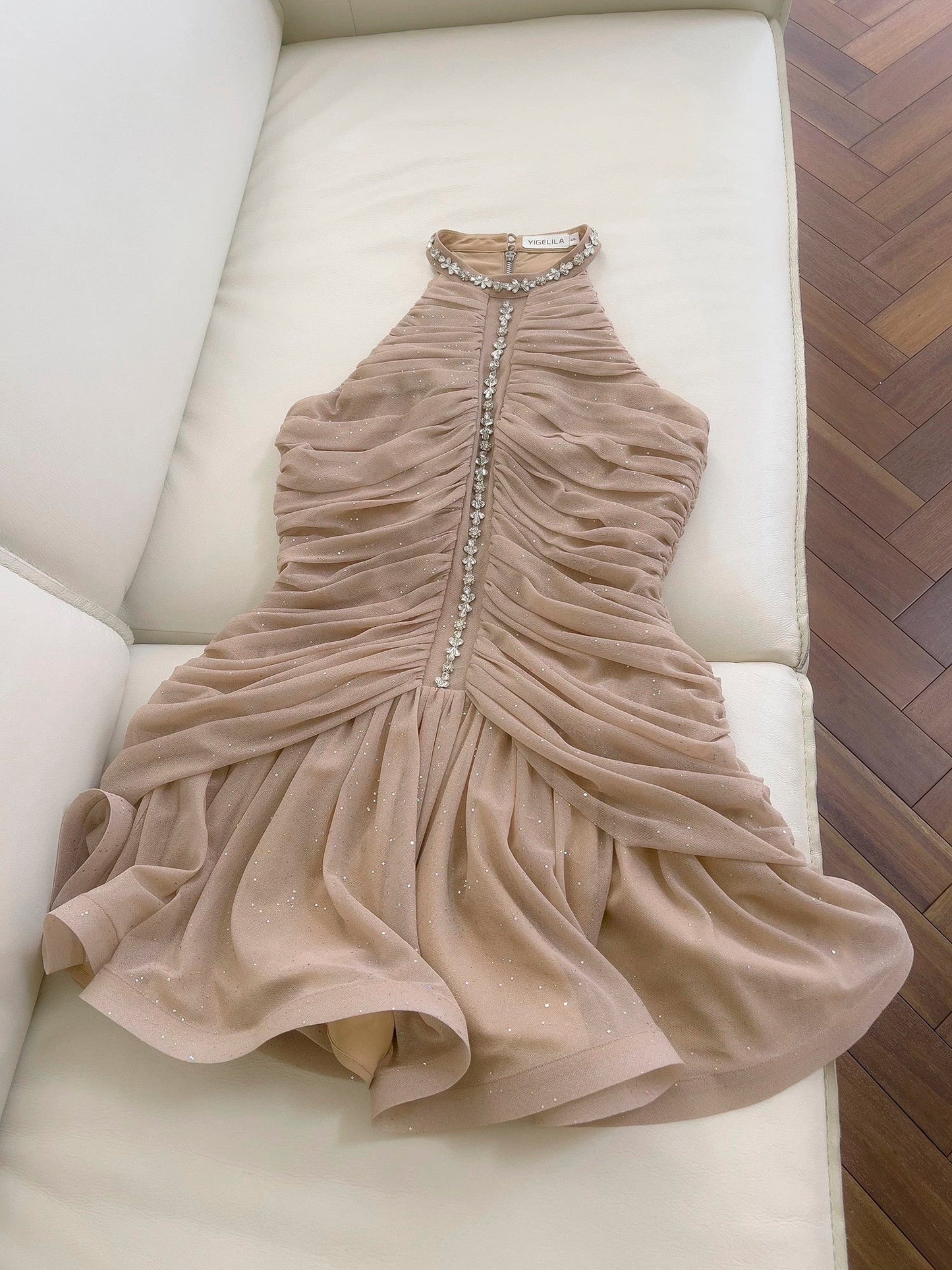 Bonito vestido de verano para adolescentes, con cuello alto y corte entallado, color champán, para 16 cumpleaños, minivestido para 18 cumpleaños, vestidos de cóctel para mujer W914