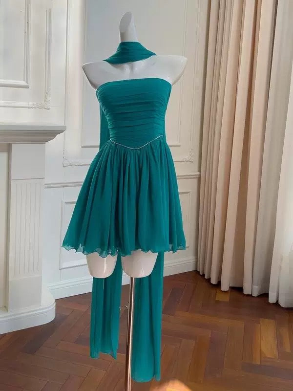Bonito vestido de verano azul de gasa sin tirantes, corte A, para adolescentes, para 16 cumpleaños, minivestido de cóctel para 18 cumpleaños, W916