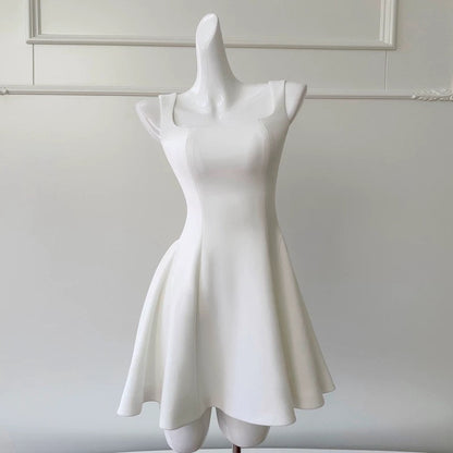 Vestido de fiesta de verano de satén blanco, sin mangas, estilo formal, corto, de corte A, cuadrado, para octavo grado, para escuela secundaria, cóctel, cumpleaños, W919