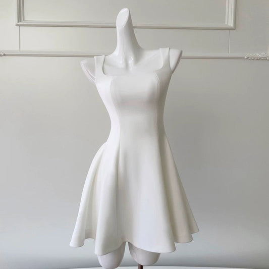 Vestido de fiesta de verano de satén blanco, sin mangas, estilo formal, corto, de corte A, cuadrado, para octavo grado, para escuela secundaria, cóctel, cumpleaños, W919