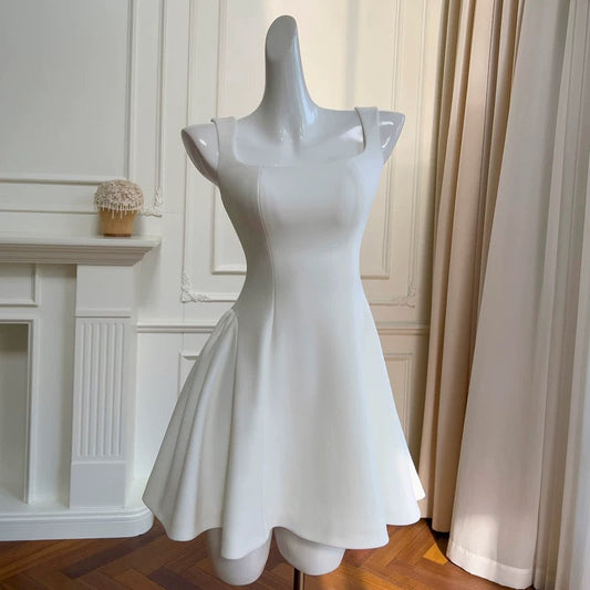Vestido de fiesta de verano de satén blanco, sin mangas, estilo formal, corto, de corte A, cuadrado, para octavo grado, para escuela secundaria, cóctel, cumpleaños, W919