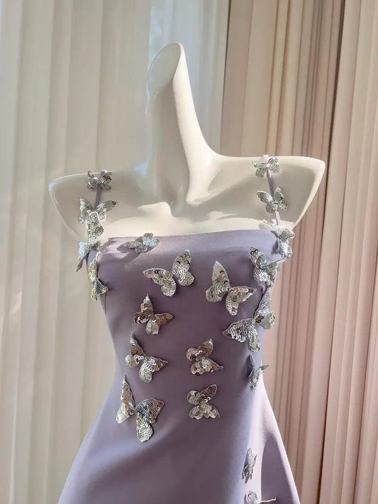 Vestido de fiesta de graduación de satén lila con tirantes finos, corte A, para verano, escuela secundaria, formal, de cóctel, W921