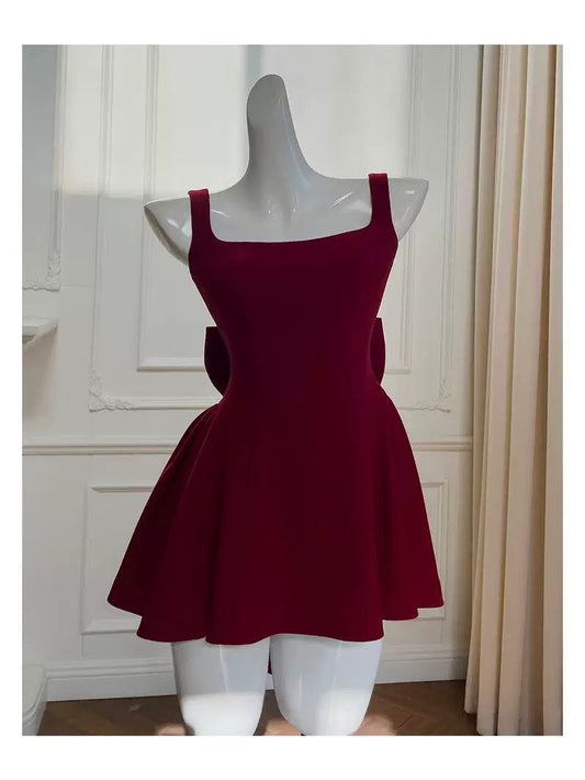 Vestido de fiesta de verano para octavo grado, de satén burdeos, sin mangas, estilo formal, corto, corte A, cuadrado, para escuela secundaria, cóctel, cumpleaños, W922