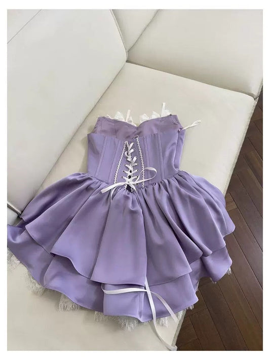 Vestido de fiesta moderno con escote corazón, de satén lila, sin mangas, formal, corto, para octavo grado, para regreso a casa, de verano, para escuela secundaria, vestido de cóctel, atuendos de cumpleaños, W925