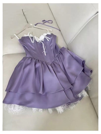 Vestido de fiesta moderno con escote corazón, de satén lila, sin mangas, formal, corto, para octavo grado, para regreso a casa, de verano, para escuela secundaria, vestido de cóctel, atuendos de cumpleaños, W925