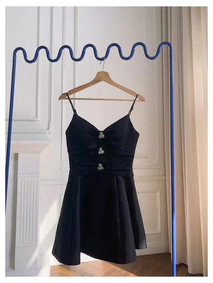 Vestido de fiesta corto de satén negro con tirantes finos, corte A, moderno, para octavo grado, para verano, para escuela secundaria, para cumpleaños, W929