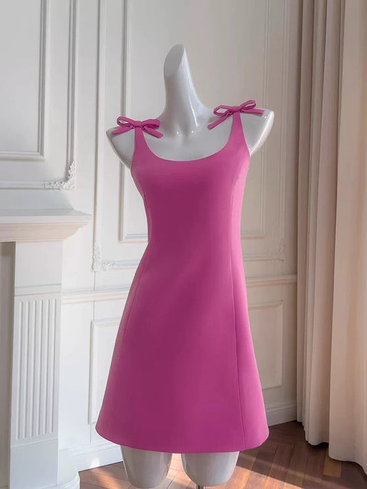 Vestido de fiesta de satén rosa, corto, elegante, con escote cuadrado y corte en A, para octavo grado, de verano, para escuela secundaria, de cumpleaños, W933