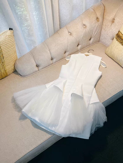 Vestido de fiesta corto de satén blanco con escote redondo, moderno, para octavo grado, de verano, para escuela secundaria, de fiesta, de cumpleaños, W936